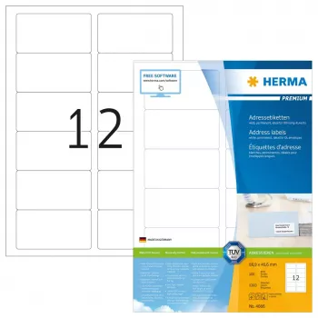 HERMA Premium adresų etiketės A4 88,9x46,6 mm 1200 vnt.