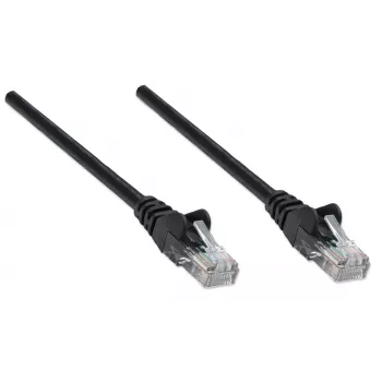Intellinet tinklo jungiamasis kabelis Cat5e, 0,25 m, juodas, CCA, U/UTP, PVC, RJ45, auksuoti kontaktai, apsaugotas nuo užkliuvimo, su gaubtu, viso gyvenimo garantija