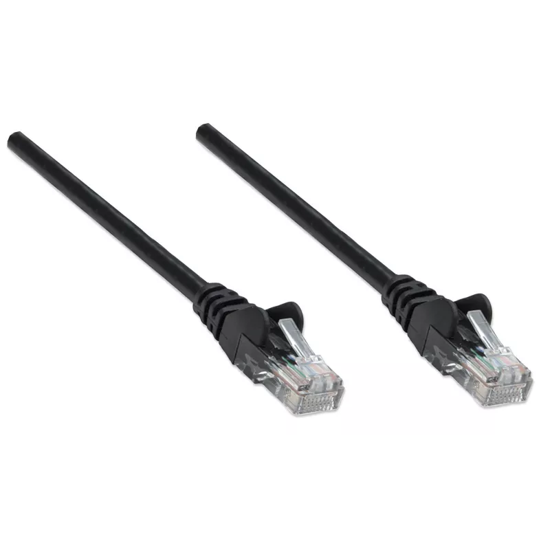 Intellinet tinklo jungiamasis kabelis Cat5e, 0,25 m, juodas, CCA, U/UTP, PVC, RJ45, auksuoti kontaktai, apsaugotas nuo užkliuvimo, su gaubtu, viso gyvenimo garantija