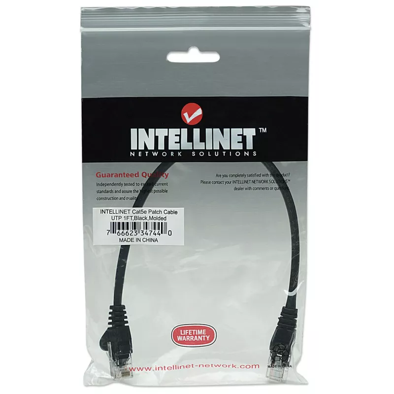 Intellinet tinklo jungiamasis kabelis Cat5e, 0,25 m, juodas, CCA, U/UTP, PVC, RJ45, auksuoti kontaktai, apsaugotas nuo užkliuvimo, su gaubtu, viso gyvenimo garantija