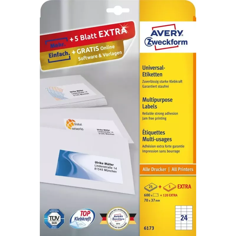 Lipnios etiketės Avery Zweckform 6173 stačiakampės baltos nuolatinio lipnumo – 720 vnt.