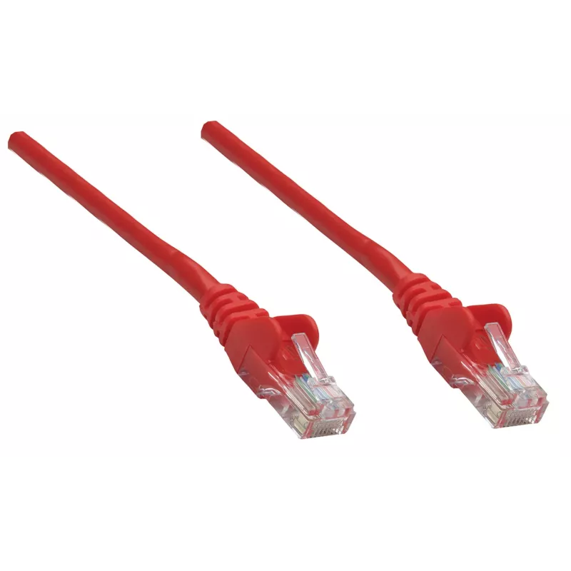 Intellinet tinklo jungiamasis laidas Cat5e, 0,25 m, raudonas, CCA, U/UTP, PVC, RJ45, paauksuoti kontaktai, be užkabinimų, su gaubteliais, visam laikui