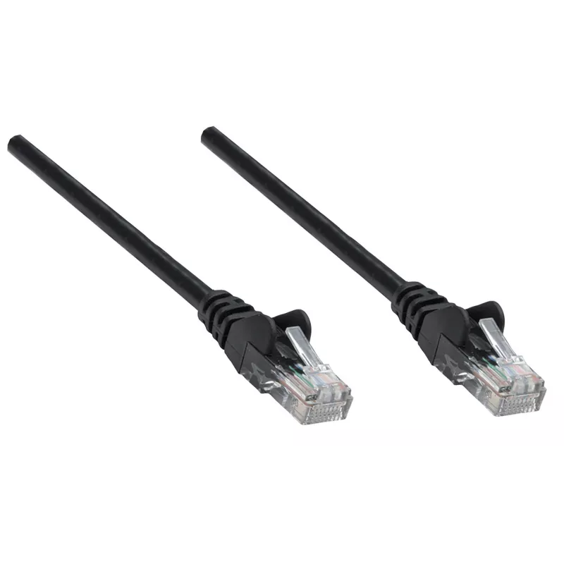 Intellinet tinklo kabelis, Cat6, 2 m, juodas, varis, U/UTP, PVC, RJ45, auksuoti kontaktai, su apsauga nuo užkliuvimo, su gaubtais, viso gyvenimo garantija