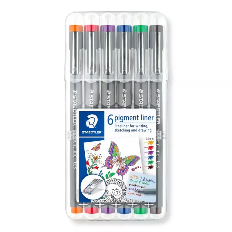 Finelinerių rinkinys Staedtler Pigment Liner 30803-SSB6 – mėlyna, ruda, žalia, oranžinė, raudona, violetinė