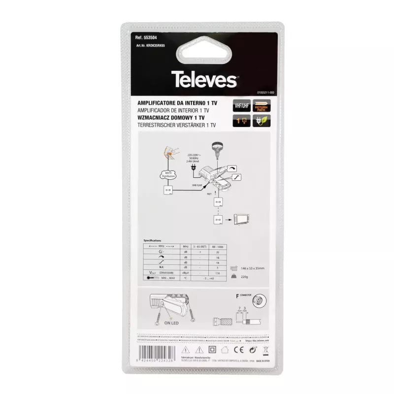 TV signalo stiprintuvas Televes 553504 88–1006 MHz F jungtis AC 220–230 V