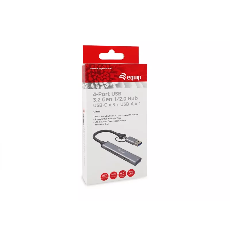 USB 3.2 Gen 1 4 prievadų šakotuvas EQUIP — 3× USB‑C + 1× USB‑A, 5 Gbit/s, aliuminis, pilkas