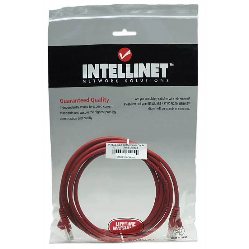 Intellinet tinklo laidas Cat5e, 15 m, raudonas, CCA, U/UTP, PVC, RJ45, auksuoti kontaktai, apsaugotas nuo užkliuvimo, su gaubteliais, viso galiojimo garantija