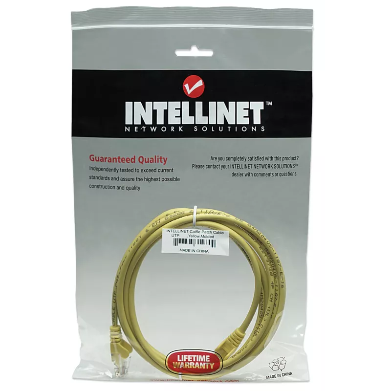 Intellinet tinklo jungiamasis kabelis Cat5e, 15 m, geltonas, CCA, U/UTP, PVC, RJ45, auksuoti kontaktai, nesikabinantis, su apsauginiu gaubteliu, viso gyvenimo garantija