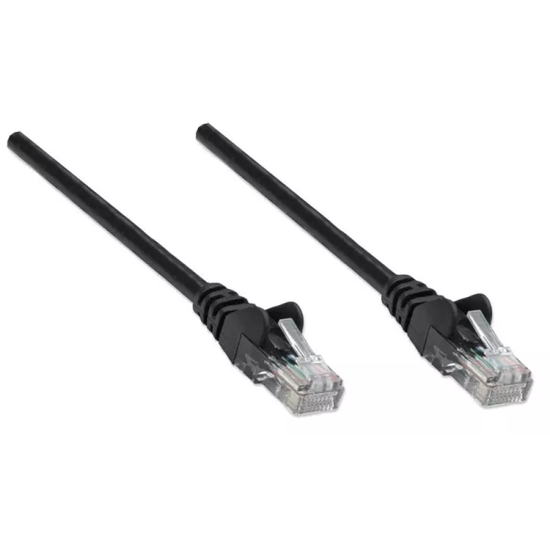 Intellinet tinklo jungiamasis kabelis, Cat6, 7,5 m, juodas, CCA, U/UTP, PVC, RJ45, paauksuoti kontaktai, su apsauga nuo užkliuvimo, su gaubtu, viso gyvenimo garantija