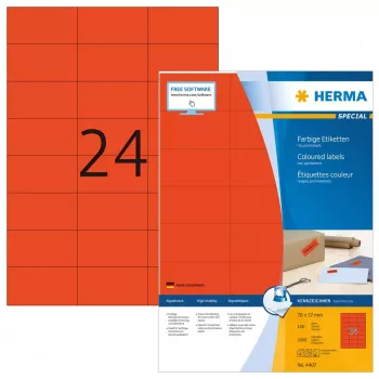 Lipnios etiketės HERMA Spalvotos A4 70x37 mm raudonos matinio popieriaus 2400 vnt.