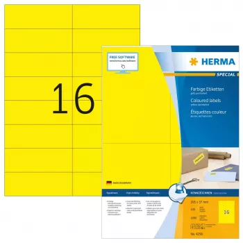 Lipnūs etikečių lapai HERMA spalvoti A4 105x37 mm geltona matiniai popieriniai 1600 vnt.