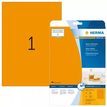 Neoniniai lipdukai HERMA A4 210x297 mm švytinčiai oranžiniai matinis popierius 20 vnt.