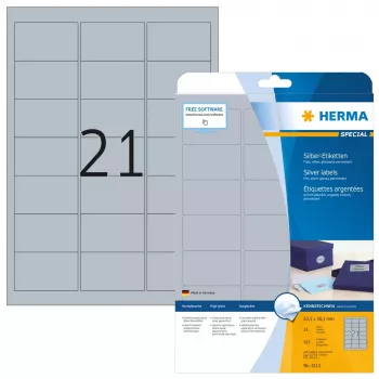 Lipnūs etikečių lapai HERMA A4 63.5x38.1 mm sidabrinė blizgi plėvelė