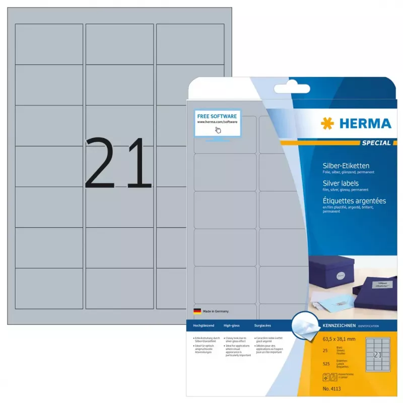 Lipnūs etikečių lapai HERMA A4 63.5x38.1 mm sidabrinė blizgi plėvelė