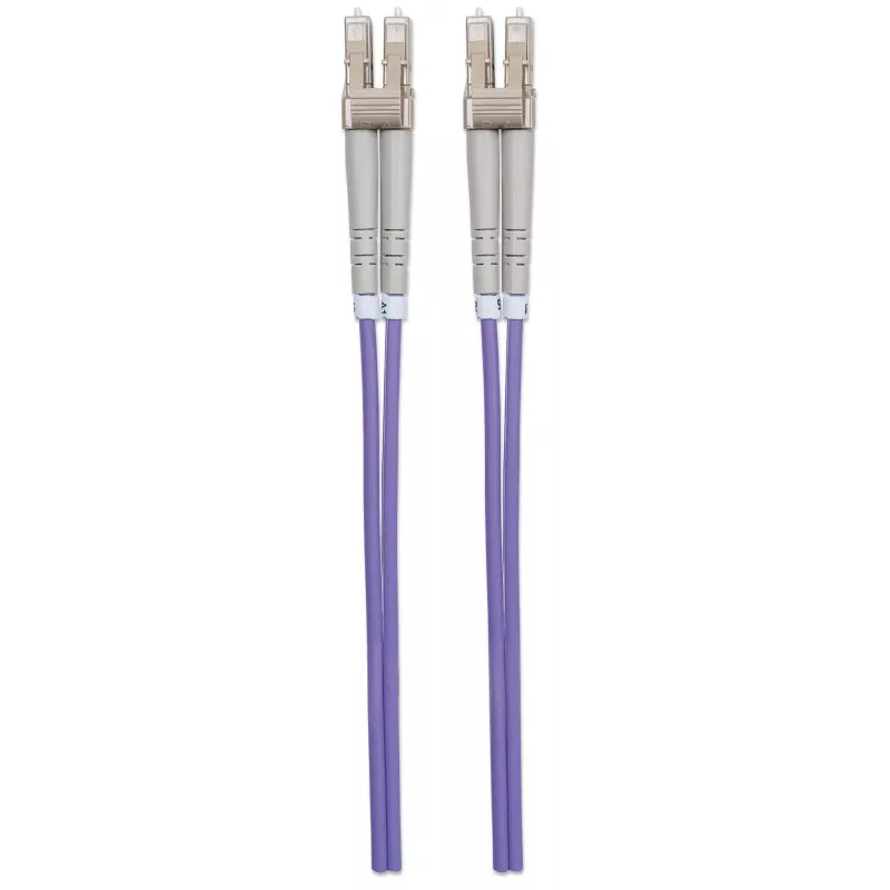 Intellinet šviesolaidinis jungiamasis kabelis, OM4, LC/LC, 5 m, violetinis, dupleksas, daugiamodis, 50/125 µm, LSZH, viso gyvenimo garantija
