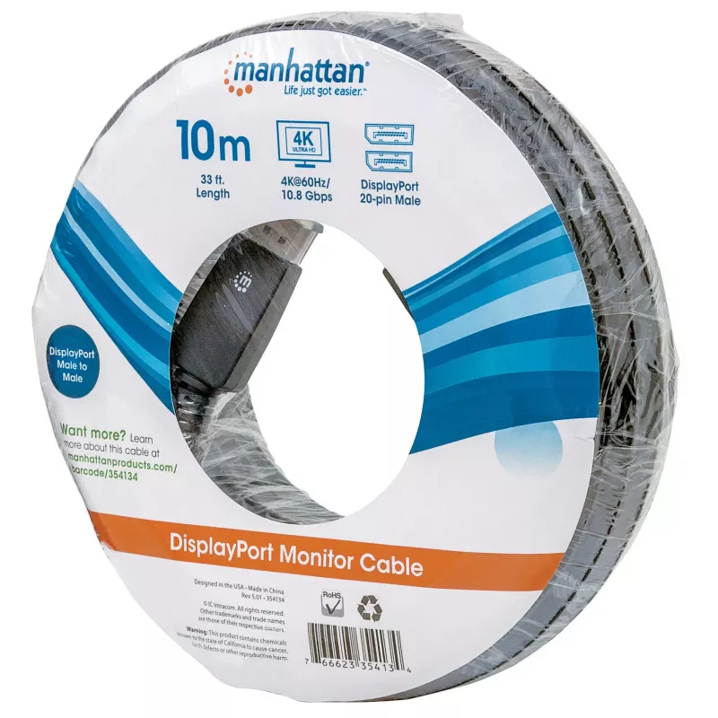 Manhattan DisplayPort 1.1 laidas, 4K@60Hz, 10 m, vyriškas į vyrišką, su užraktu, visiškai ekranuotas, juodas, garantija visam laikui