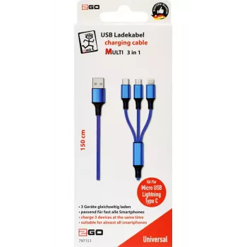 USB laidas 2GO 797151 1,5 m USB B USB-C/Micro-USB B/Lightning juodas mėlynas