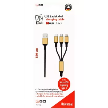 USB laidas 2GO 797152 3 m USB B / USB C / Micro-USB B / Lightning juodas auksinis