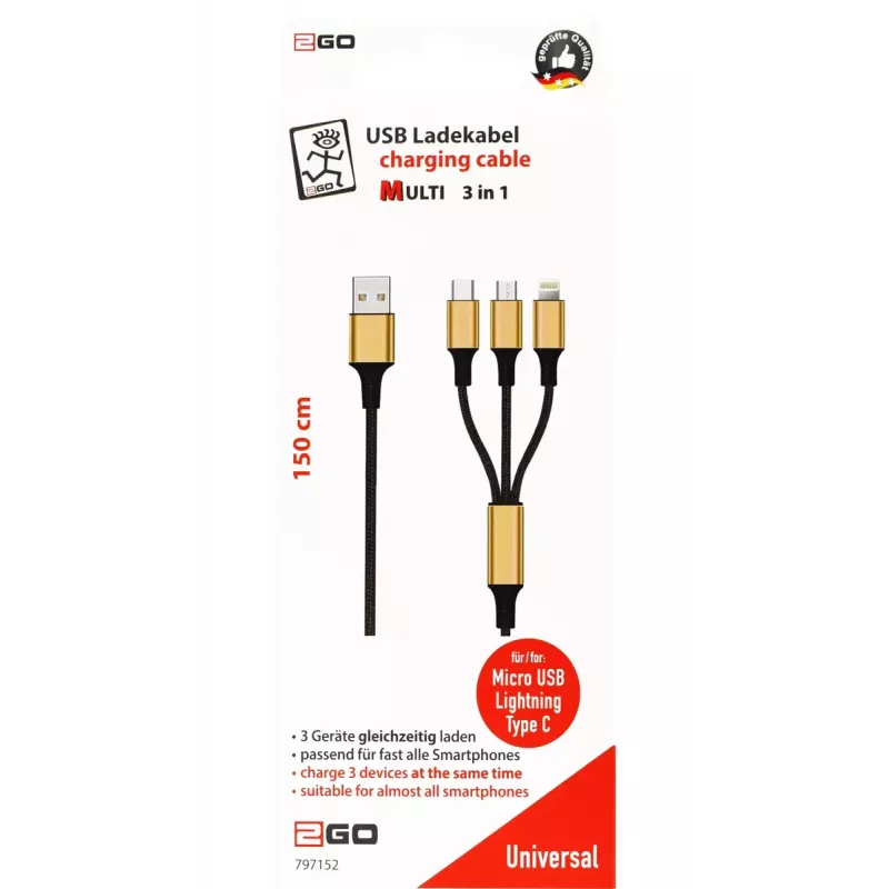 USB laidas 2GO 797152 3 m USB B / USB C / Micro-USB B / Lightning juodas auksinis