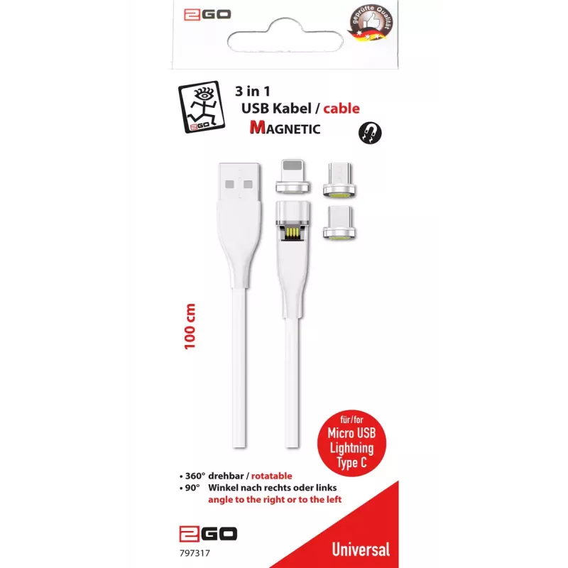 USB laidas 2GO 797317 1 m USB B USB C/Micro-USB B/Lightning baltas