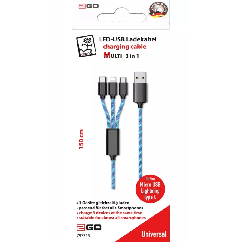 USB kabelis 2GO 797315 1,5 m USB B USB C/Micro-USB B/Lightning juodas mėlynas
