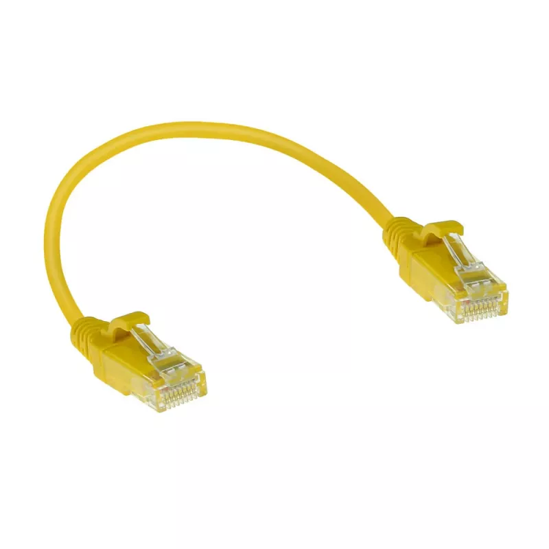 ACT geltonas 0,15 m LSZH U/UTP CAT6 plonas pataisymo kabelis su apsaugotais RJ45 kištukais
