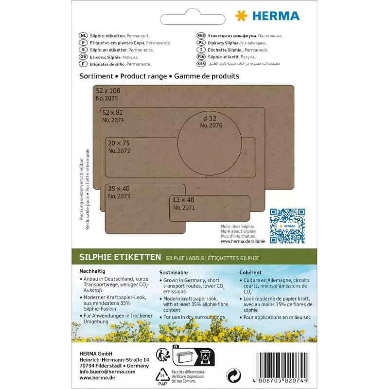 HERMA 2074 lipnūs etikečių lapai Rounded rectangle Nuolatinis Rudas 52x82 mm 96 vnt.