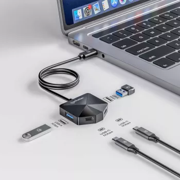 Manhattan USB-C ir USB-A jungties / stotelė, 4 prievadai: 2x USB-A, 2x USB-C, 5 Gbps (USB 3.2 Gen1), kampu išdėstyti prievadai, maitinama per USB