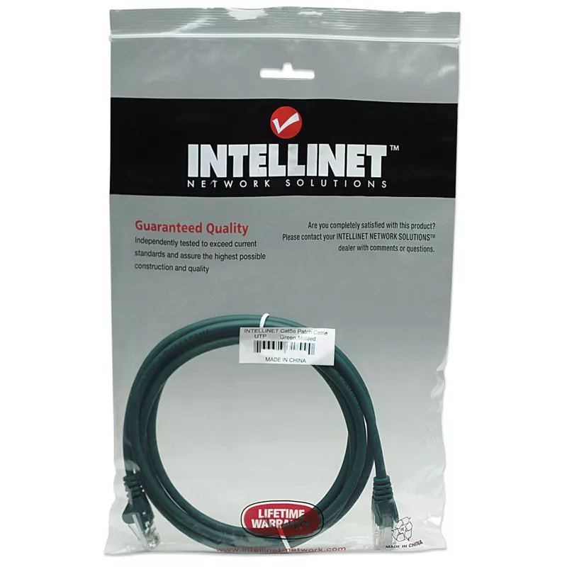 Intellinet tinklo jungiamasis kabelis, Cat5e, 7,5 m, žalias, CCA, U/UTP, PVC, RJ45, paauksuoti kontaktai, su apsauga nuo užkliuvimo, su batu, viso gyvenimo garantija