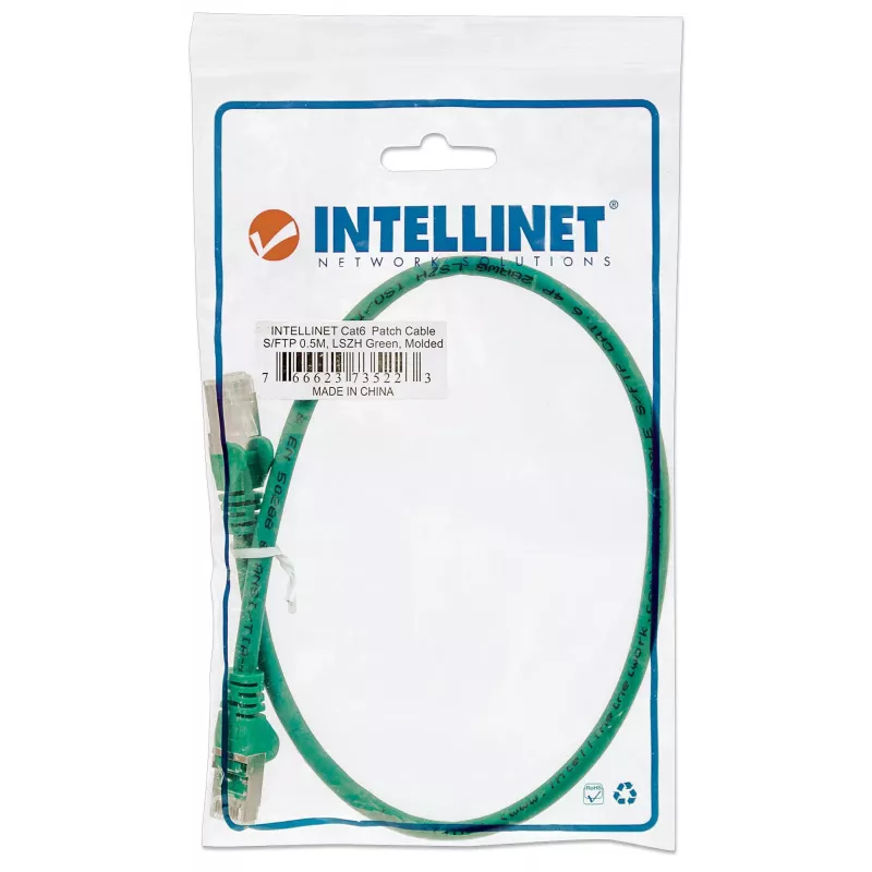 Intellinet tinklo jungiamasis kabelis Cat5e, 3 m, žalias, CCA, SF/UTP, PVC, RJ45, auksuoti kontaktai, su apsauga nuo užkliuvimo, su gaubtu, viso gyvenimo garantija