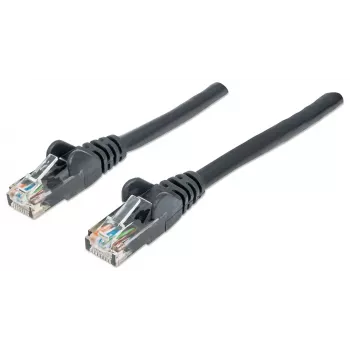 Intellinet Cat6 tinklo kabelis, 1,5 m, juodas, CCA, U/UTP, PVC, RJ45, auksuoti kontaktai, apsaugotas nuo užkliuvimo, su gaubtu, garantija visam laikui