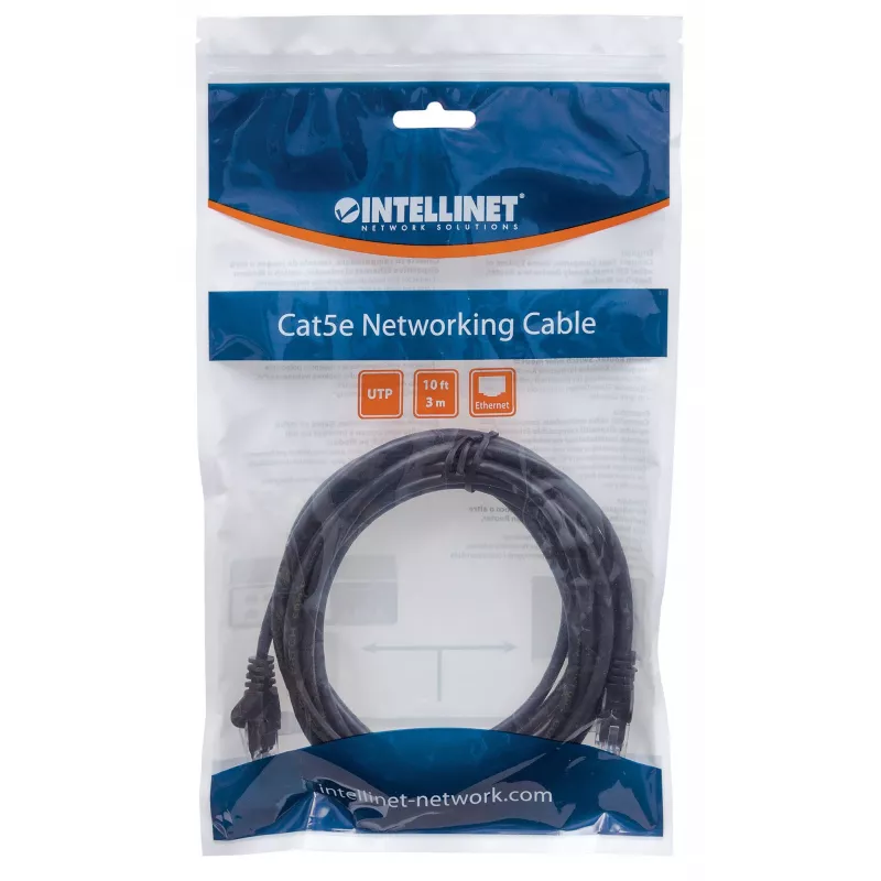 Intellinet Cat6 tinklo kabelis, 1,5 m, juodas, CCA, U/UTP, PVC, RJ45, auksuoti kontaktai, apsaugotas nuo užkliuvimo, su gaubtu, garantija visam laikui