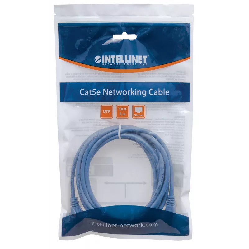 Intellinet Cat6 tinklo kabelis, 1,5 m, mėlynas, CCA, U/UTP, PVC, RJ45, paauksuoti kontaktai, su apsauga nuo užsikabinimo, su gaubtuku, visam gyvenimui garantija