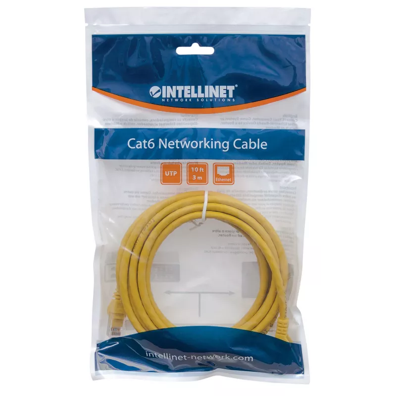 Intellinet tinklo jungiamasis kabelis, Cat6, 0,5 m, geltonas, CCA, U/UTP, PVC, RJ45, auksuoti kontaktai, apsaugotas nuo užkabinimo, su apsauginiu gaubtu, viso gyvenimo garantija
