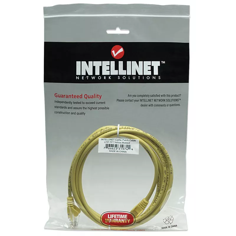 Intellinet tinklo jungiamasis kabelis Cat5e, 2 m, geltonas, CCA, U/UTP, PVC, RJ45, auksuoti kontaktai, su apsauga nuo užsikabinimo, su bateliais, viso gyvenimo garantija