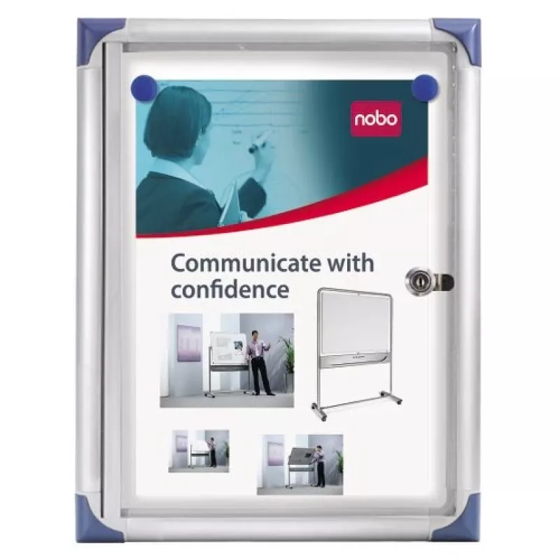 Nobo Extra Flat Magnetic Lockable Noticeboard 1XA4 magnetinė lenta su užraktu, balta, aliuminė, 1 x A4, stumdoma, stiklinė, 821 g