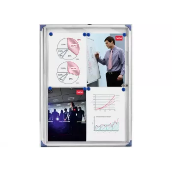 Nobo Extra Flat Magnetic Lockable Noticeboard 2XA4 magnetinė lenta su užraktu, balta, aliuminis, 2 x A4, stumdoma, stiklinė