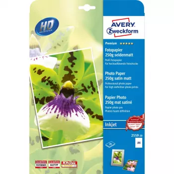 Avery Premium A4 250g satino-matinis popierius rašaliniams spausdintuvams, baltas