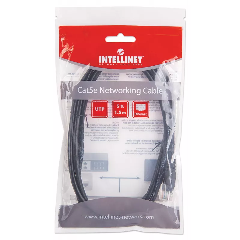 Intellinet tinklo jungiamasis kabelis Cat5e, 1,5 m, juodas, CCA, U/UTP, PVC, RJ45, paauksuoti kontaktai, su apsauga nuo užsikabinimo, su gaubtu, viso gyvenimo garantija