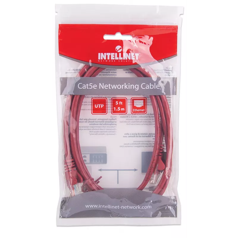 Intellinet Cat5e tinklo kabelis, 1,5 m, raudonas, CCA, U/UTP, PVC, RJ45, auksuoti kontaktai, be užkablių, su apsauginiu gaubteliu, viso gyvenimo garantija