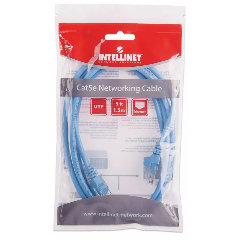 Intellinet tinklo jungiamasis laidas Cat5e, 1,5 m, mėlynas, CCA, U/UTP, PVC, RJ45, paauksuoti kontaktai, be užkliuvimo, su apsauginiu gaubtu, viso gyvenimo garantija