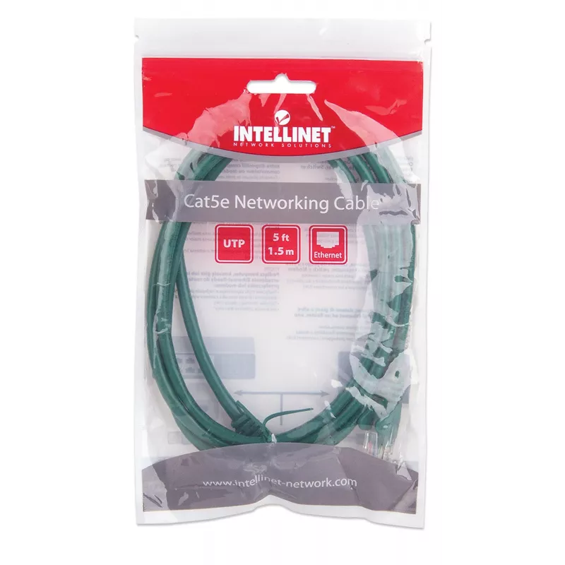 Intellinet tinklo jungiamasis kabelis Cat5e, 1,5 m, žalias, CCA, U/UTP, PVC, RJ45, auksuoti kontaktai, be užkabinimo, su apsauginiu gaubtu, viso gyvenimo garantija