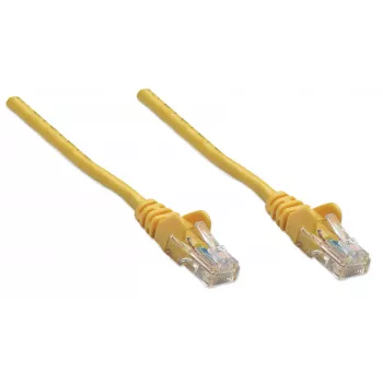 Intellinet tinklo jungiamasis kabelis Cat5e, 1,5 m, geltonas, CCA, U/UTP, PVC, RJ45, paauksuoti kontaktai, su apsauga nuo užkliuvimo, su gaubtu, viso gyvenimo garantija
