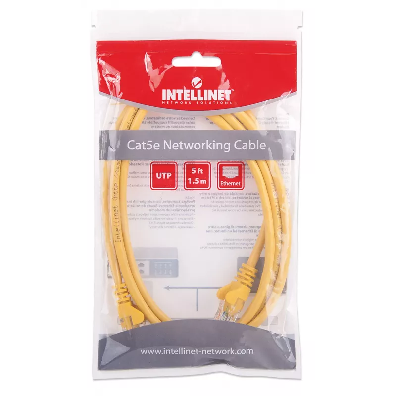 Intellinet tinklo jungiamasis kabelis Cat5e, 1,5 m, geltonas, CCA, U/UTP, PVC, RJ45, paauksuoti kontaktai, su apsauga nuo užkliuvimo, su gaubtu, viso gyvenimo garantija