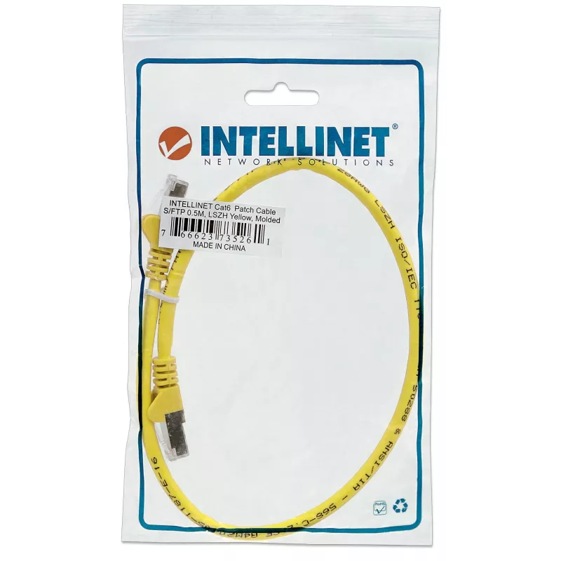 Intellinet tinklo jungiamasis laidas, Cat6A, 15 m, geltonas, varinis, S/FTP, LSOH / LSZH, PVC, RJ45, auksuoti kontaktai, su apsauga nuo užkabinimo, su gaubteliais, viso gyvenimo garantija