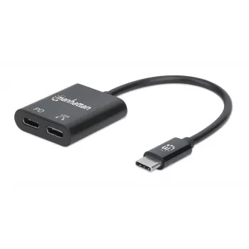 Manhattan USB-C į USB-C garso adapteris su USB-C (įskaitant Power Delivery), juodas, 480 Mbps (USB 2.0), kabelis 11 cm, su Power Delivery USB-C prievadu (60W), trejų metų garantija