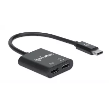 Manhattan USB-C į USB-C garso adapteris su USB-C (įskaitant Power Delivery), juodas, 480 Mbps (USB 2.0), kabelis 11 cm, su Power Delivery USB-C prievadu (60W), trejų metų garantija