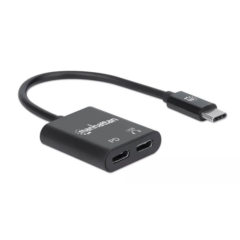 Manhattan USB-C į USB-C garso adapteris su USB-C (įskaitant Power Delivery), juodas, 480 Mbps (USB 2.0), kabelis 11 cm, su Power Delivery USB-C prievadu (60W), trejų metų garantija