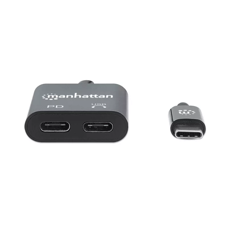 Manhattan USB-C į USB-C garso adapteris su USB-C (įskaitant Power Delivery), juodas, 480 Mbps (USB 2.0), kabelis 11 cm, su Power Delivery USB-C prievadu (60W), trejų metų garantija