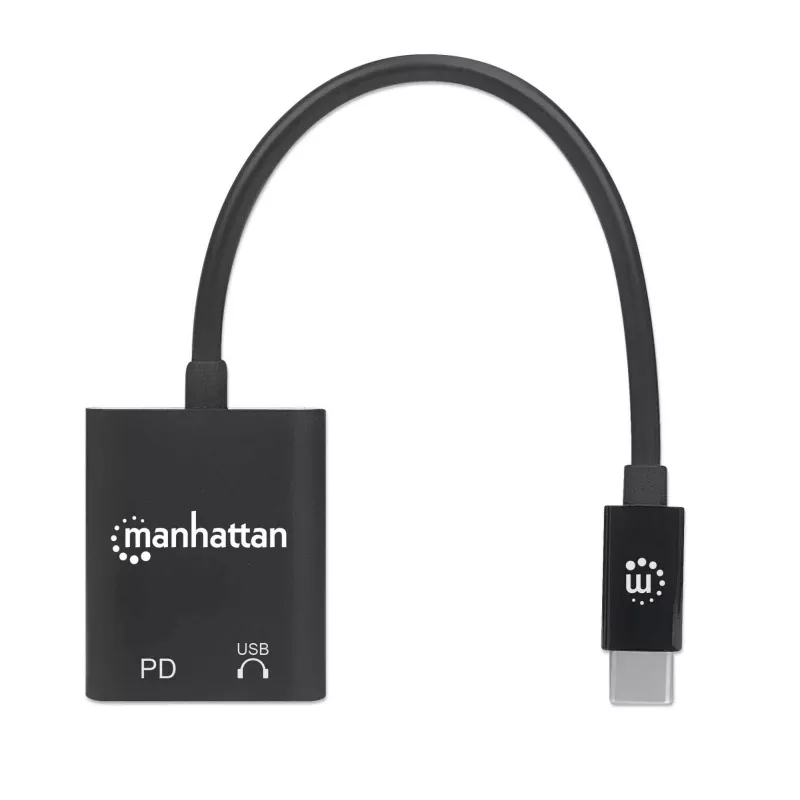 Manhattan USB-C į USB-C garso adapteris su USB-C (įskaitant Power Delivery), juodas, 480 Mbps (USB 2.0), kabelis 11 cm, su Power Delivery USB-C prievadu (60W), trejų metų garantija